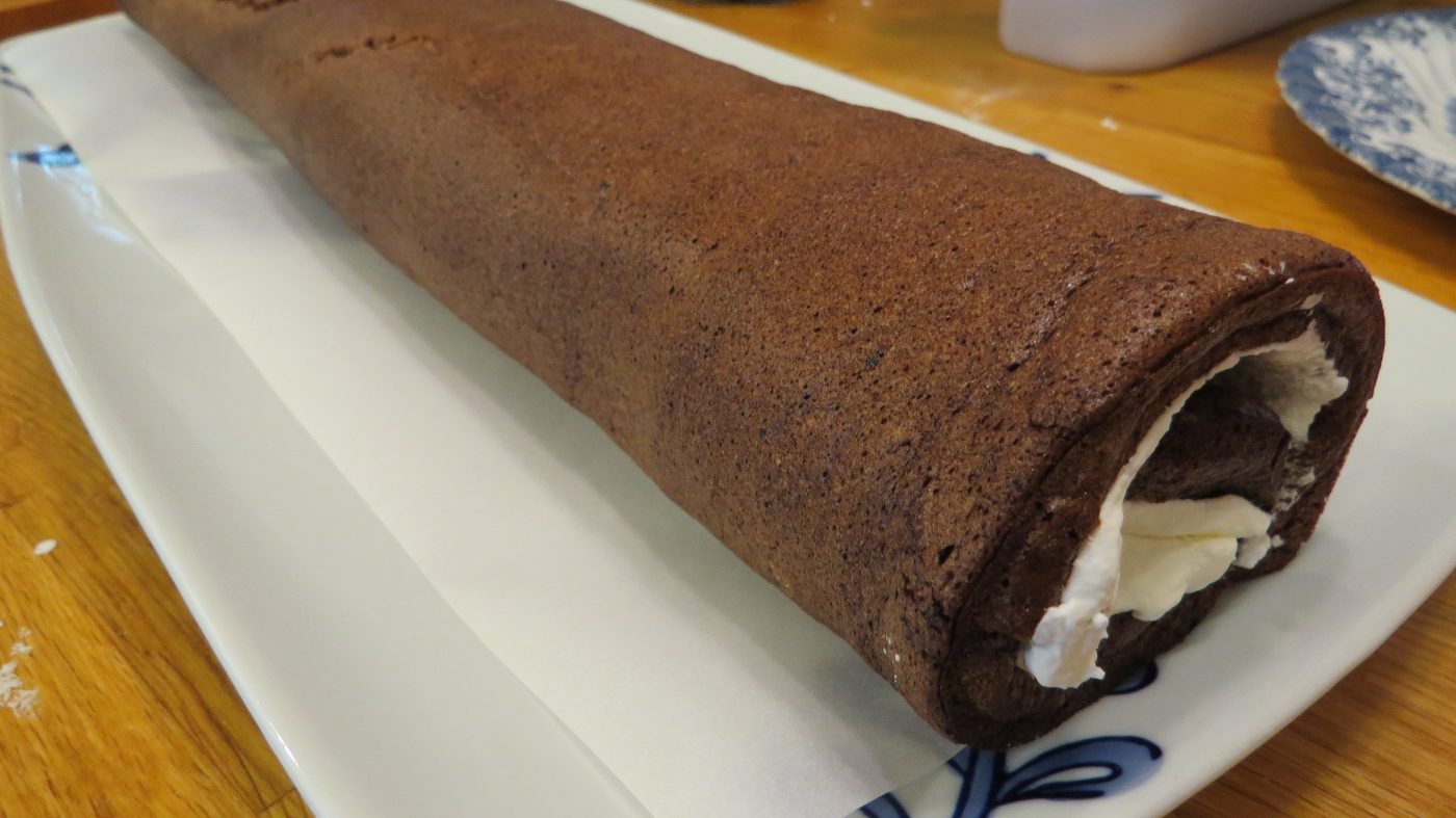 chocolate cake roll, before icing